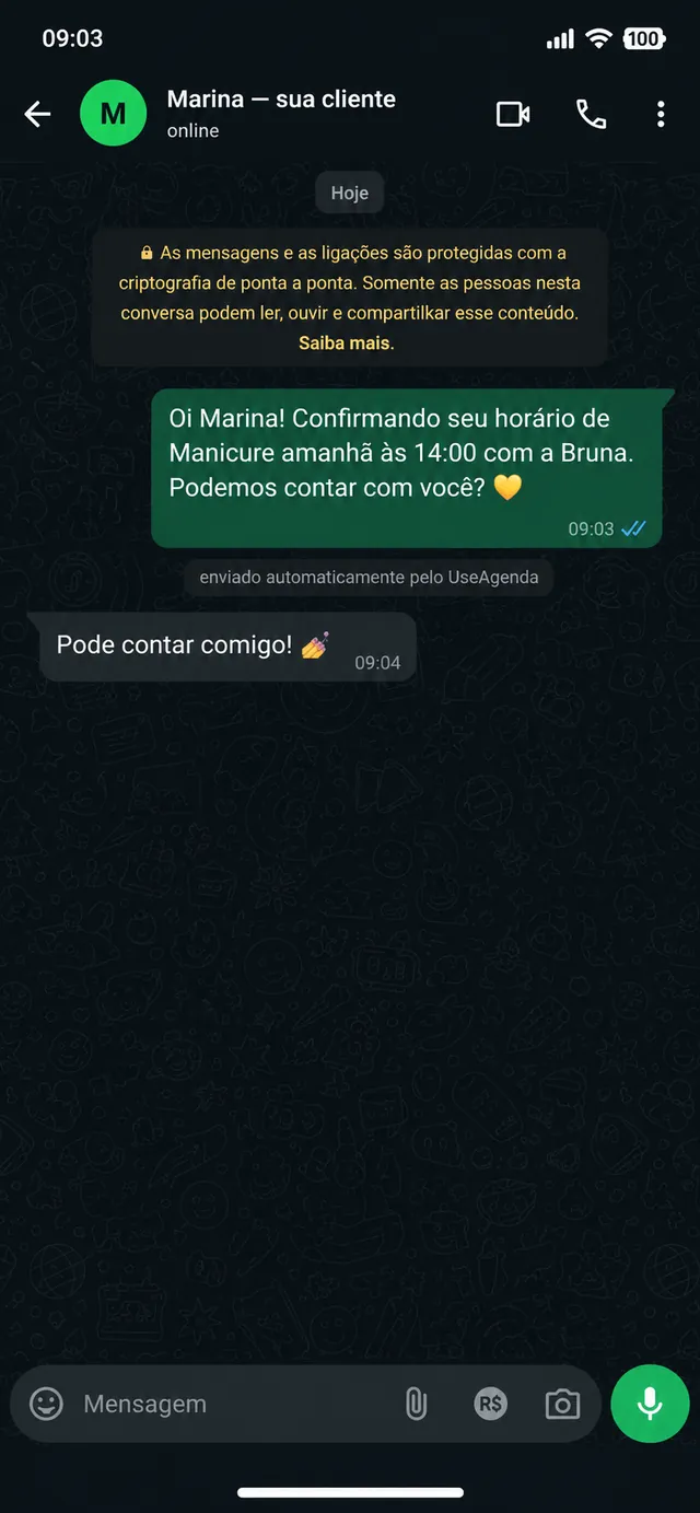 Mensagem de confirmação automática no WhatsApp da cliente